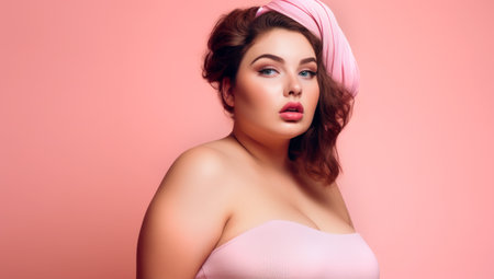 smiling young woman posing in studio over pink background. Generated with AIの素材