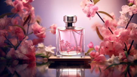 cosmetics packaging design concept or mock-up with blank transparent bottle. Generated with AIの素材
