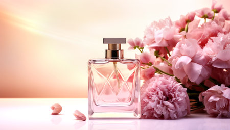 cosmetics packaging design concept or mock-up with blank transparent bottle. Generated with AIの素材