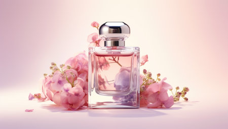 cosmetics packaging design concept or mock-up with blank transparent bottle. Generated with AIの素材