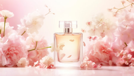 cosmetics packaging design concept or mock-up with blank transparent bottle. Generated with AIの素材