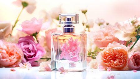 cosmetics packaging design concept or mock-up with blank transparent bottle. Generated with AIの素材