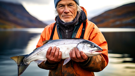Fisher holding a big atlantic salmon fish in the fishing harbor. Generated by AIの素材