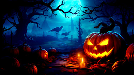Halloween pumpkin head jack lantern with burning candles in scary deep night forest. AI generatedの素材