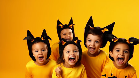 happy cheerful kids in witch costume and terrible makeup with pumpkin basket make scary gestures and celebrates Halloween and laughs on yellow background. AI generatedの素材