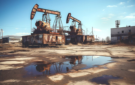 Landscape with oil pump under blue sky with clouds in a sunny day. AI generatedの素材