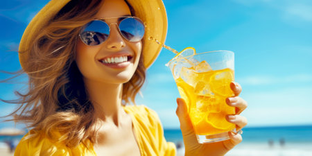 First-person view. Girl holds a glass cup of cold orange fresh on the background of a sandy tropical beach. White sand and a boat. AI generatedの素材