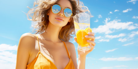 First-person view. Girl holds a glass cup of cold orange fresh on the background of a sandy tropical beach. White sand and a boat. AI generatedの素材