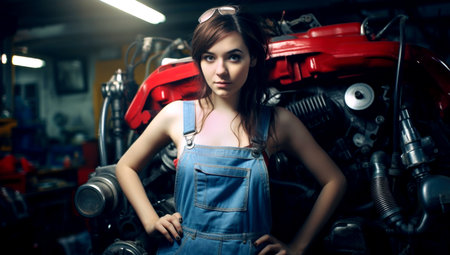 A woman repairing a car at a service station. Generated with AIの素材