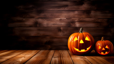 Halloween - Jack O' Lanterns - Candles And String Lights On Wooden Table. Generated by AIの素材