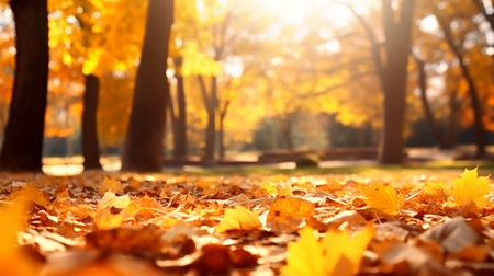 Autumn leaves on the sun and blurred trees. Fall background. Generated by AIの素材
