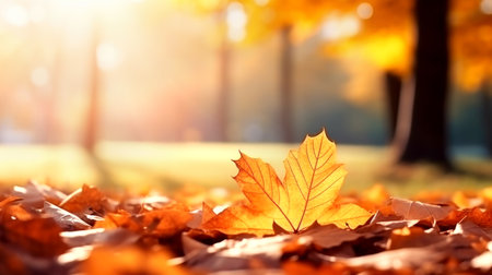 Autumn leaves on the sun and blurred trees. Fall background. Generated by AIの素材