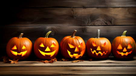 Halloween - Jack O' Lanterns - Candles And String Lights On Wooden Table. Generated by AIの素材