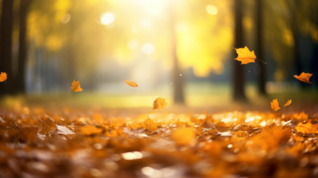 Autumn leaves on the sun and blurred trees. Fall background. Generated by AIの素材