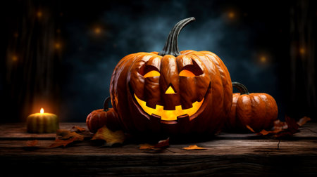 Halloween - Jack O' Lanterns - Candles And String Lights On Wooden Table. Generated by AIの素材