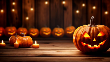 Halloween - Jack O' Lanterns - Candles And String Lights On Wooden Table. Generated by AIの素材