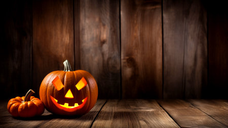 Halloween - Jack O' Lanterns - Candles And String Lights On Wooden Table. Generated by AIの素材