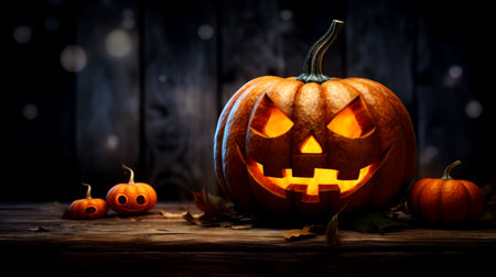 Halloween - Jack O' Lanterns - Candles And String Lights On Wooden Table. Generated by AIの素材