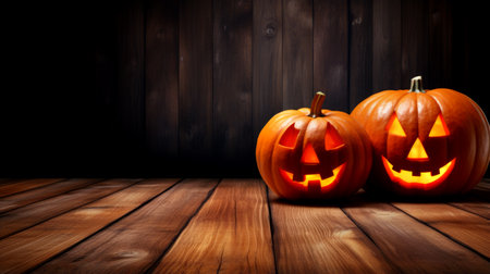 Halloween - Jack O' Lanterns - Candles And String Lights On Wooden Table. Generated by AIの素材