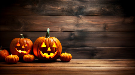 Halloween - Jack O' Lanterns - Candles And String Lights On Wooden Table. Generated by AIの素材