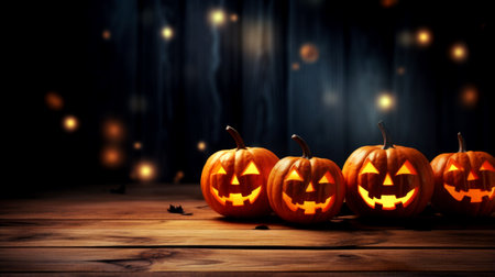 Halloween - Jack O' Lanterns - Candles And String Lights On Wooden Table. Generated by AIの素材