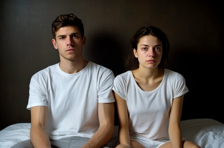 Frustrated sad couple sitting on bed and thinking about relationship problems, pensive couple after a quarrel lost in thoughts. Generated by AIの素材