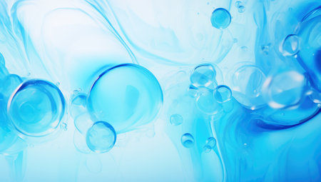 Oxygen bubbles in clear blue water, close up. mineral water. Water enriched with oxygen. . Made with AI generationの素材