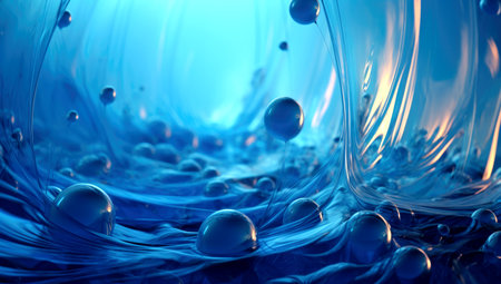 Oxygen bubbles in clear blue water, close up. mineral water. Water enriched with oxygen. . Made with AI generationの素材