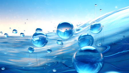 Oxygen bubbles in clear blue water, close up. mineral water. Water enriched with oxygen. . Made with AI generationの素材