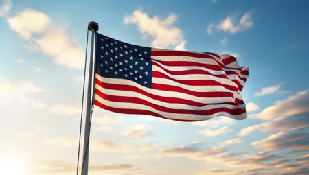 Beautiful American flag waving in the wind, with vibrant red white and blue colors against blue sky, with copy space. Made with AI generationの素材