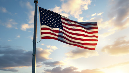 Beautiful American flag waving in the wind, with vibrant red white and blue colors against blue sky, with copy space. Made with AI generationの素材