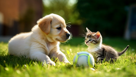 Puppy playing with a kitten on the lawn of dandelions. AI Generatedの素材