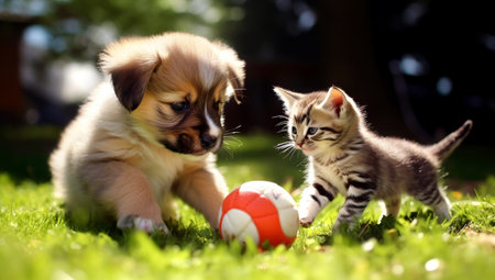 Puppy playing with a kitten on the lawn of dandelions. AI Generatedの素材