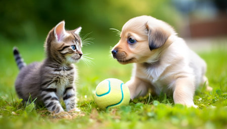 Puppy playing with a kitten on the lawn of dandelions. AI Generatedの素材