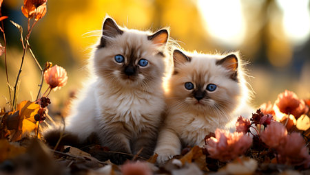 Two kittens lying together on green grass under autumn leaf. AI Generatedの素材