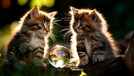 Two kittens lying together on green grass under autumn leaf. AI Generatedの素材