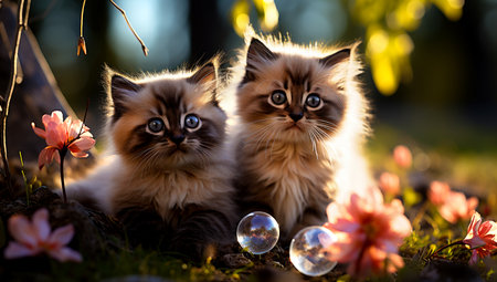 Two kittens lying together on green grass under autumn leaf. AI Generatedの素材