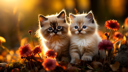 Two kittens lying together on green grass under autumn leaf. AI Generatedの素材