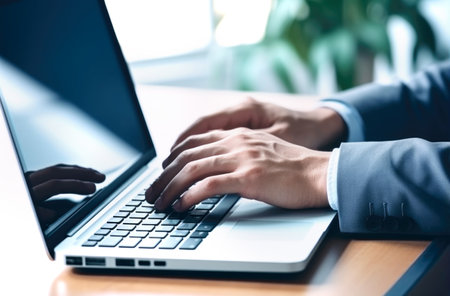 Close up of man hands typing text on laptop keyboard sitting at wooden table. Made with AI generationの素材