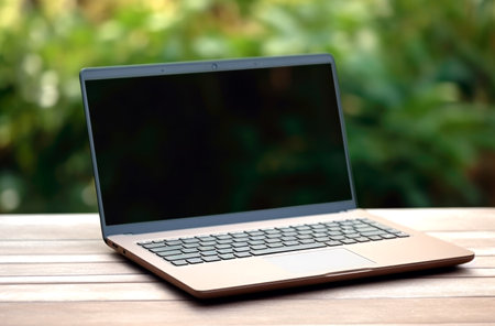 Laptop keyboard sitting at wooden table. Made with AI generationの素材