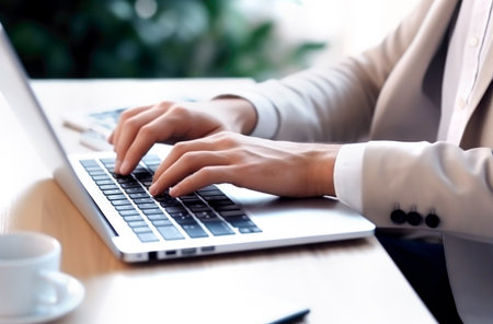 Close up of man hands typing text on laptop keyboard sitting at wooden table. Made with AI generationの素材