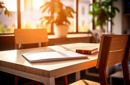 Wooden desk with library room with blur background, copy space for your text. Made with AI generationの素材