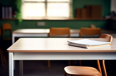 Wooden desk with library room with blur background, copy space for your text. Made with AI generationの素材