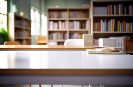 Wooden desk with library room with blur background, copy space for your text. Made with AI generationの素材