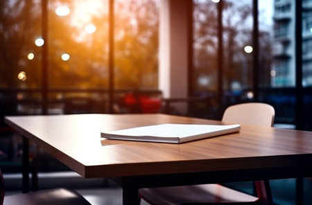 Wooden desk with library room with blur background, copy space for your text. Made with AI generationの素材
