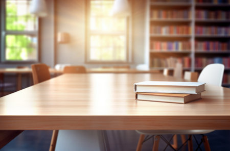 Wooden desk with library room with blur background, copy space for your text. Made with AI generationの素材