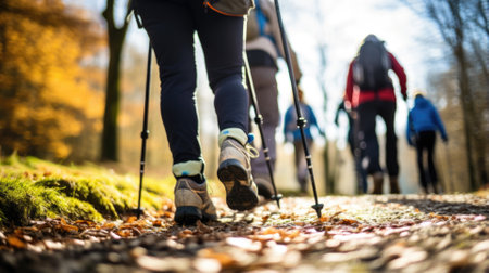 Older people doing Nordic walking exercises. Made with AI generationの素材