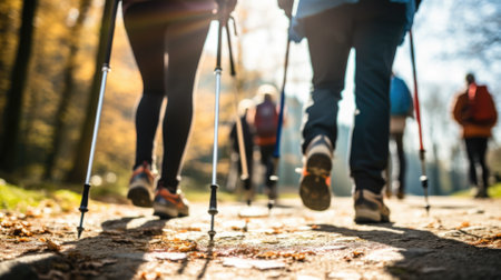 Older people doing Nordic walking exercises. Made with AI generationの素材
