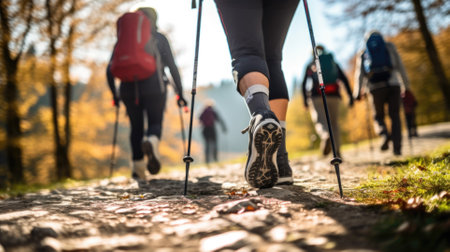 Older people doing Nordic walking exercises. Made with AI generationの素材