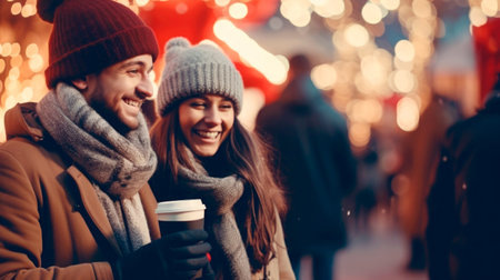 winter holidays and people concept - happy young couple dating at Christmas tree in evening. High quality photoの素材